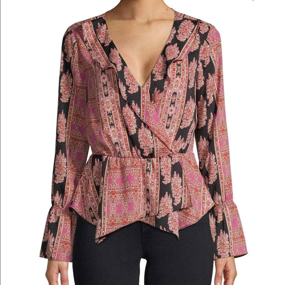 BCBGMAXAZRIA Printed Long Sleeve V-Neck Surplice Woven Asymmetrical Hem Blouse - Picture 1 of 15